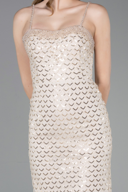 Robe de Soirée Longue Squameuse Beige ABU6039