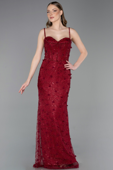 Robe de Soirée Longue Dantelle Rouge Bordeaux ABU6040