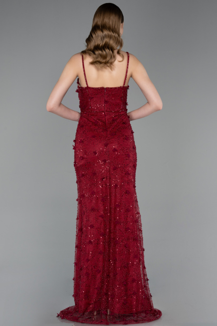 Robe de Soirée Longue Dantelle Rouge Bordeaux ABU6040
