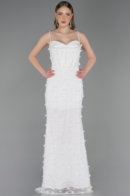 Robe de Soirée Longue Dantelle Blanc ABU6040
