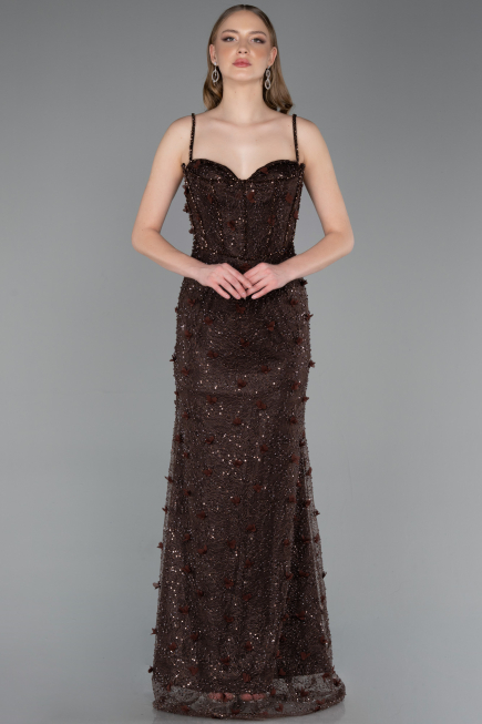 Robe de Soirée Longue Dantelle Brun ABU6040