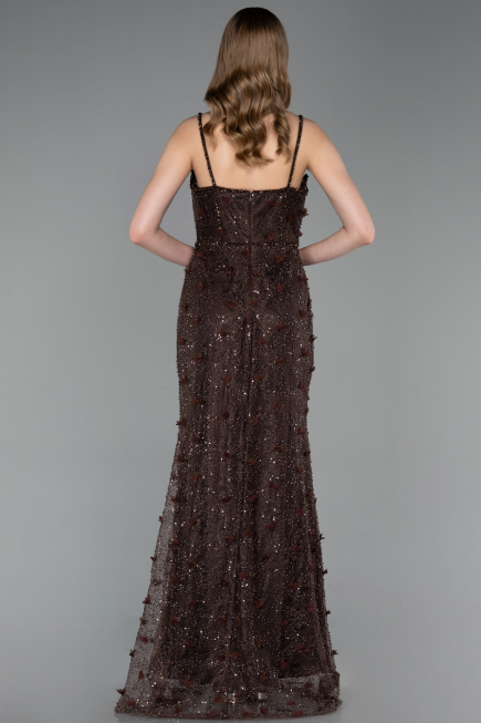 Robe de Soirée Longue Dantelle Brun ABU6040