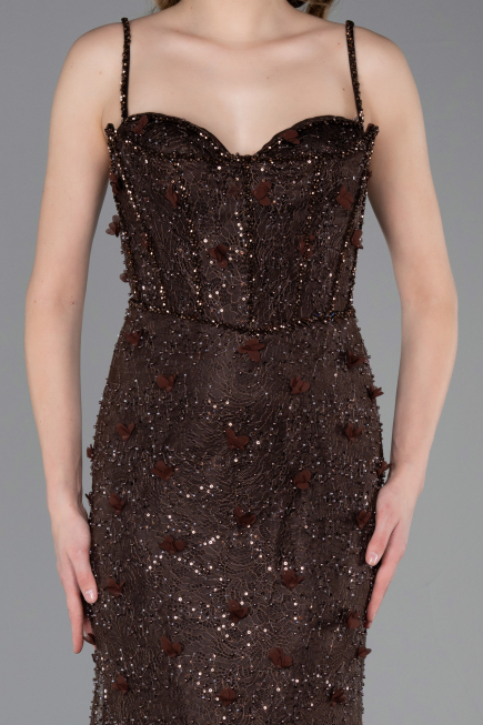 Robe de Soirée Longue Dantelle Brun ABU6040