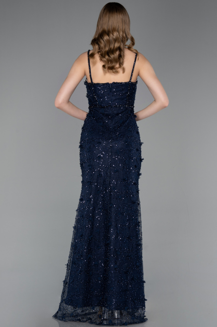 Robe de Soirée Longue Dantelle Bleu Marine ABU6040