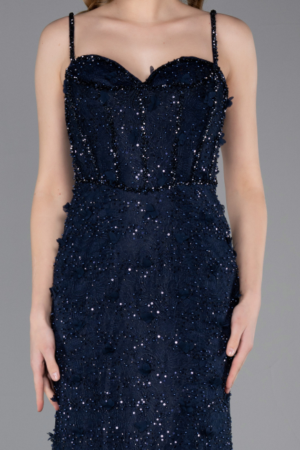 Robe de Soirée Longue Dantelle Bleu Marine ABU6040