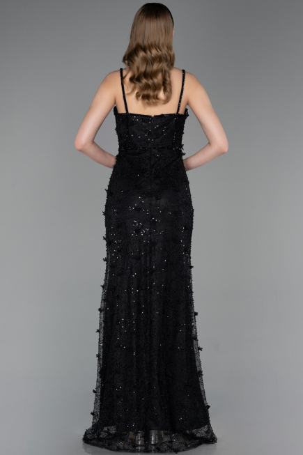 Robe de Soirée Longue Dantelle Noir ABU6040