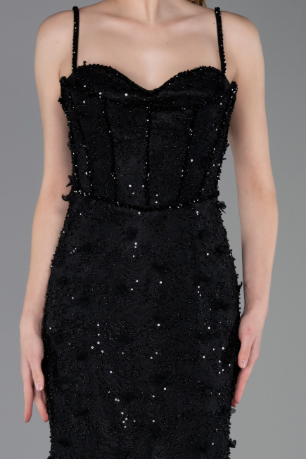 Robe de Soirée Longue Dantelle Noir ABU6040