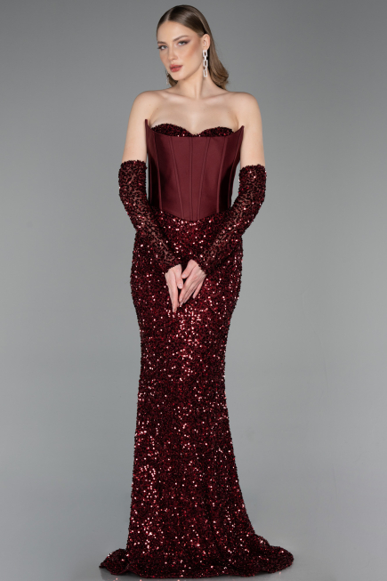 Robe de Soirée Longue Squameuse Rouge Bordeaux ABU6041
