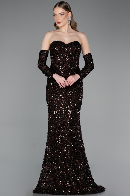 Robe de Soirée Longue Squameuse Brun ABU6041