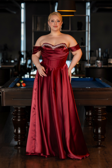 Robe De Soirée Grande Taille Satin Longue Rouge Bordeaux ABU5726