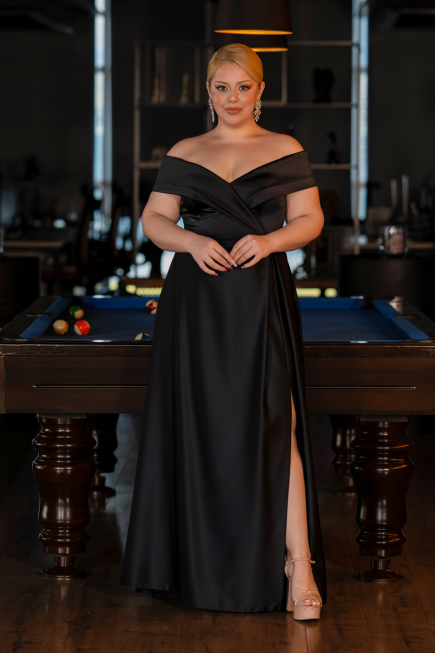 Robe de Soirée Grande Taille Longue Satin Noir ABU2355