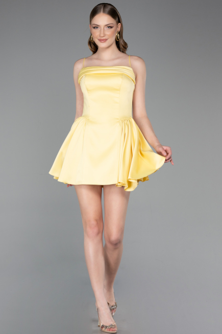 Robe de Cérémonie Courte Satin Jaune ABK2608