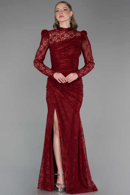 Robe de Soirée Longue Dantelle Rouge Bordeaux ABU6050
