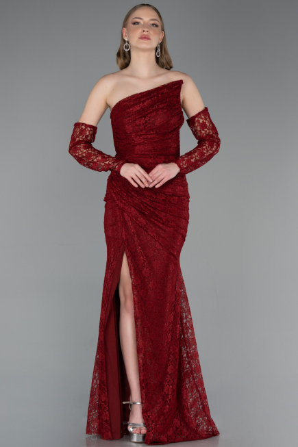 Robe de Soirée Longue Dantelle Rouge Bordeaux ABU6050