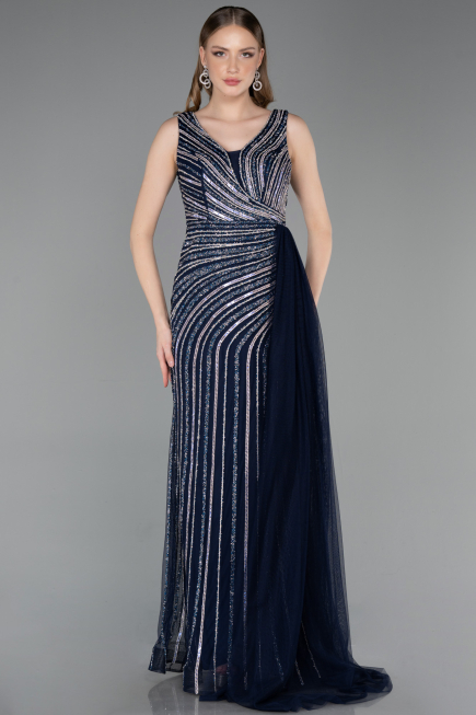 Robe de Soirée Longue Pierreux Bleu Marine ABU6052