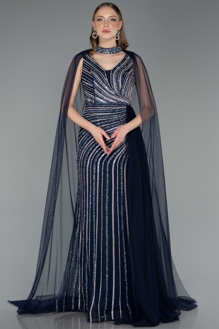 Robe de Soirée Longue Pierreux Bleu Marine ABU6052