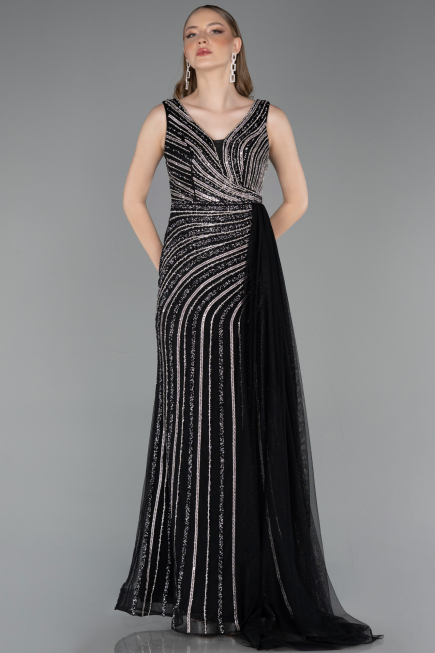 Robe de Soirée Longue Pierreux Noir ABU6052