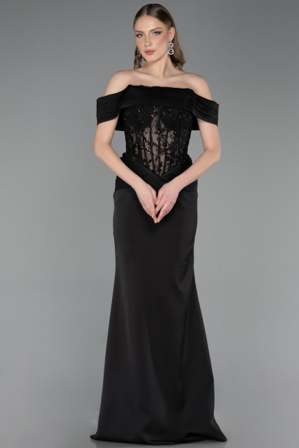 Robe de Soirée Longue Satin Noir ABU6054