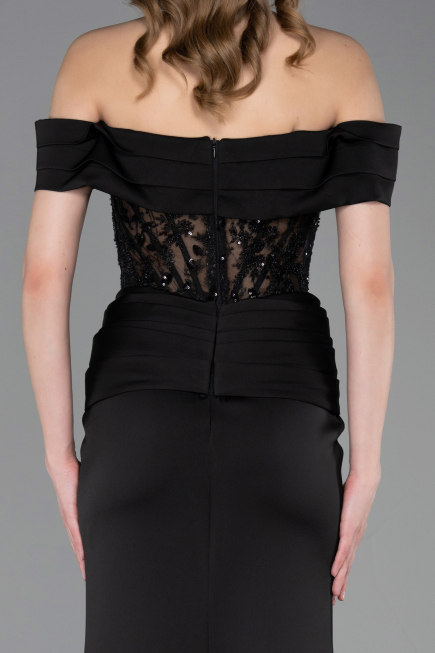 Robe de Soirée Longue Satin Noir ABU6054
