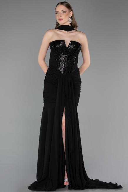 Robe de Soirée Longue Mousseline Noir ABU6055