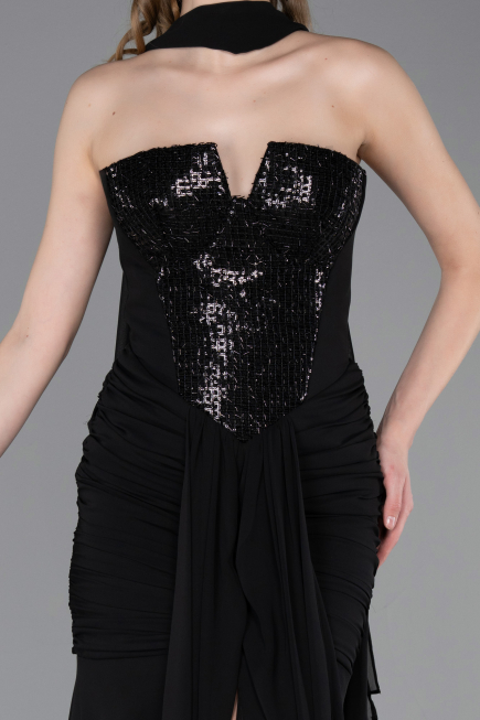 Robe de Soirée Longue Mousseline Noir ABU6055