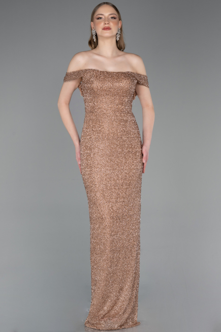 Robe de Soirée Longue Perlé Cuivre ABU6057