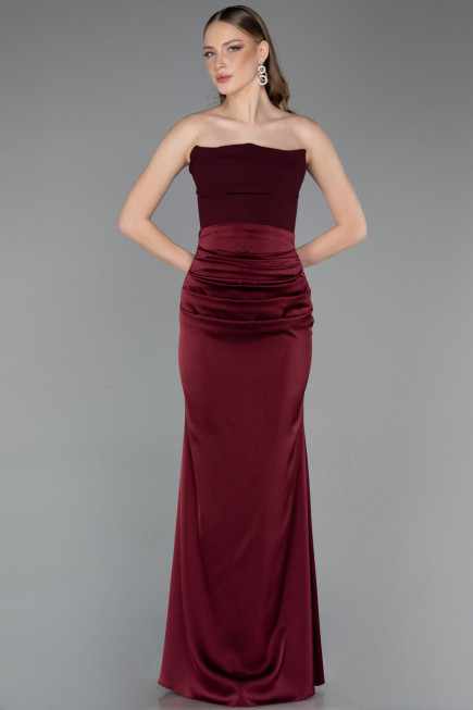 Robe de Soirée Longue Satin Rouge Bordeaux ABU6061