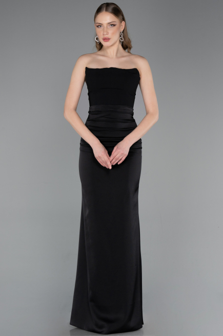 Robe de Soirée Longue Satin Noir ABU6061