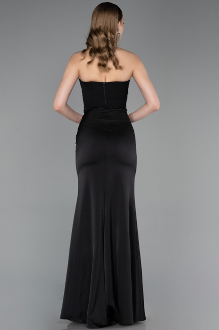 Robe de Soirée Longue Satin Noir ABU6061