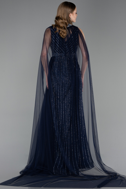 Robe de Soirée Longue Pierreux Bleu Marine ABU6052