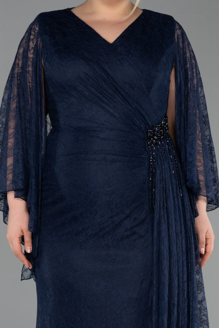 Robe De Soirée Grande Taille Longue Dantelle Bleu Marine ABU6065