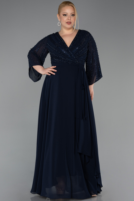 Robe de Soirée Grande Taille Longue Mousseline Bleu Marine ABU6067