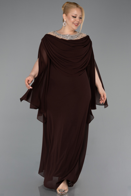Robe De Soirée Grande Taille Longue Mousseline Brun ABU6068