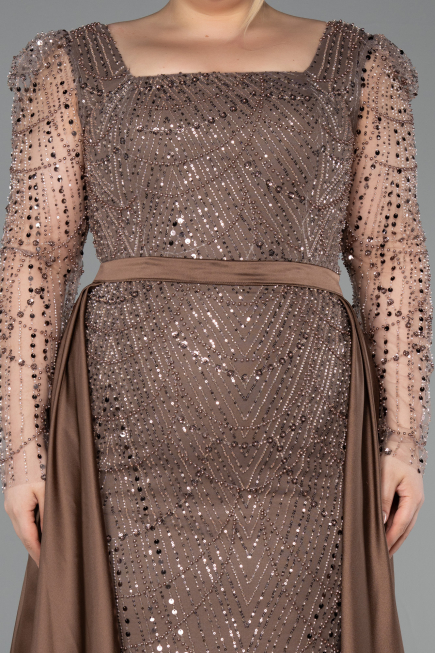Robe De Fiançailles Grande Taille Perlé Longue Brun ABU4761
