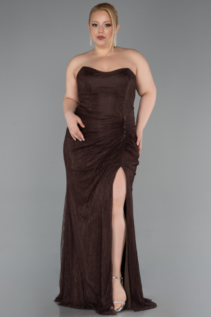 Robe De Soirée Grande Taille Longue Dantelle Brun ABU6070