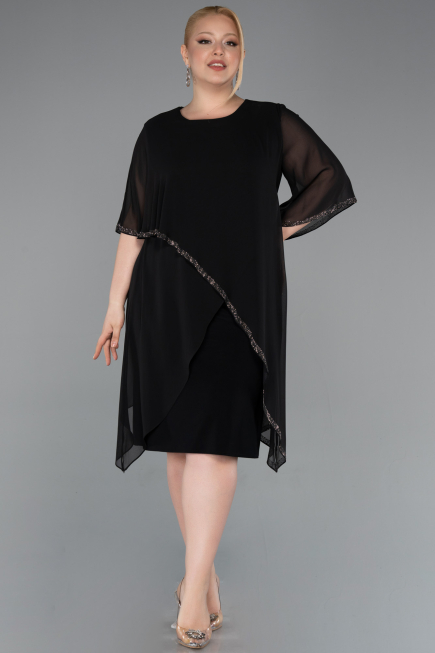 Robe De Invitation Grande Taille Midi Mousseline Noir ABK2600