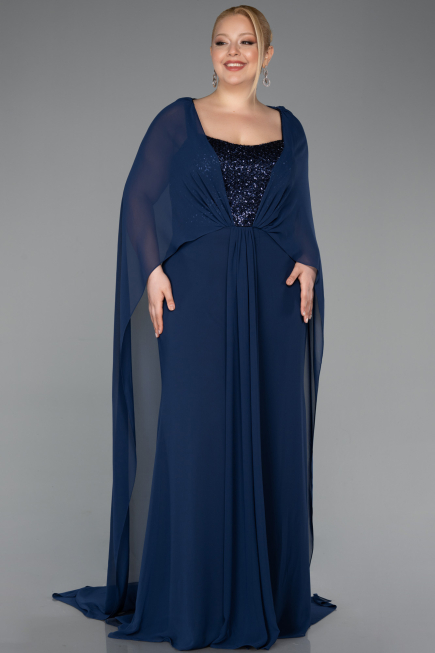 Robe de Soirée Grande Taille Longue Mousseline Bleu Marine ABU6071