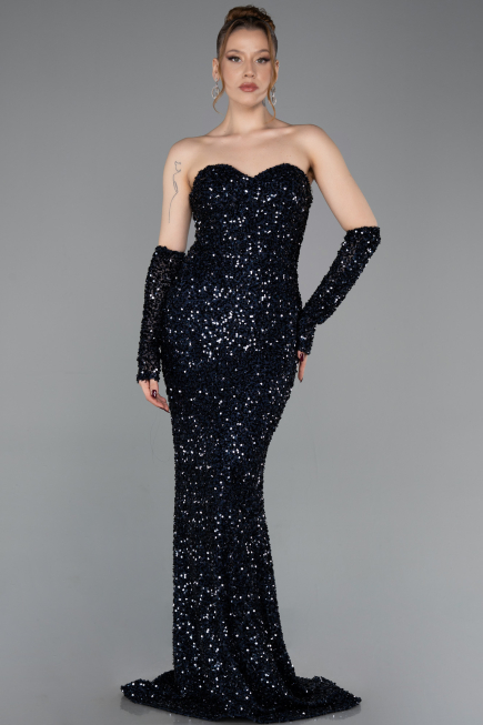 Robe de Soirée Longue Squameuse Bleu Marine ABU6041