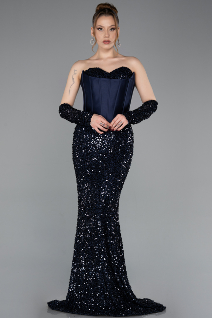 Robe de Soirée Longue Squameuse Bleu Marine ABU6041