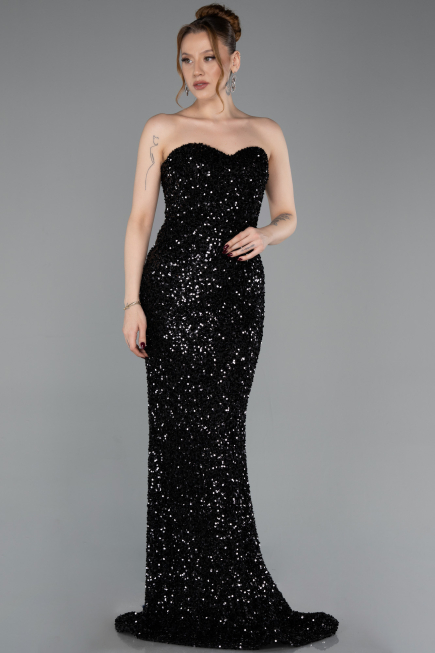 Robe de Soirée Longue Squameuse Noir ABU6041