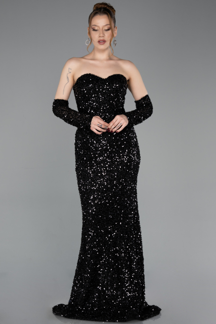 Robe de Soirée Longue Squameuse Noir ABU6041