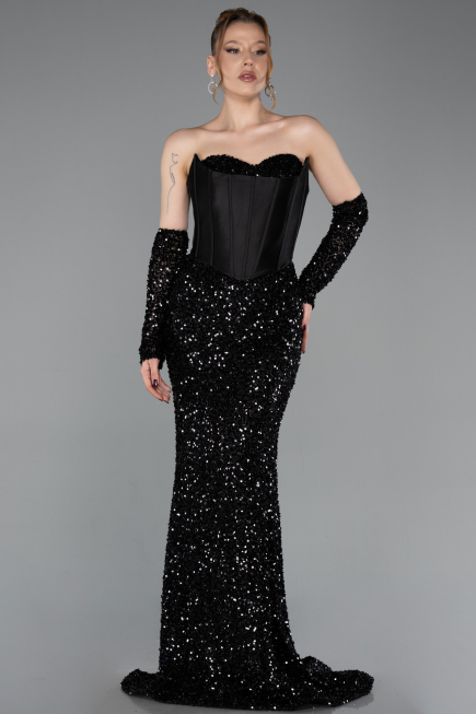 Robe de Soirée Longue Squameuse Noir ABU6041