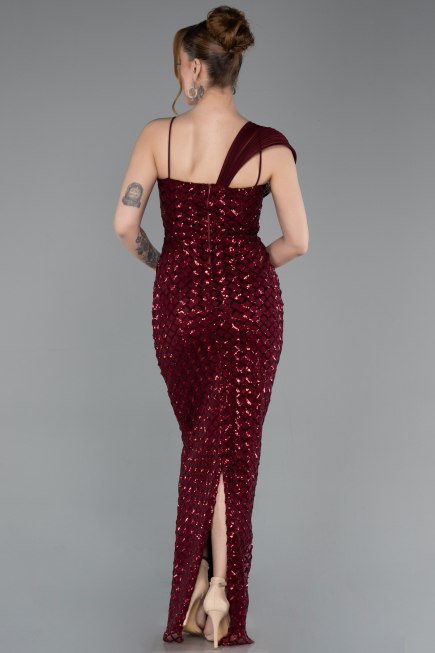 Robe de Soirée Longue Squameuse Rouge Bordeaux ABU6075