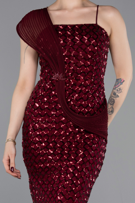 Robe de Soirée Longue Squameuse Rouge Bordeaux ABU6075