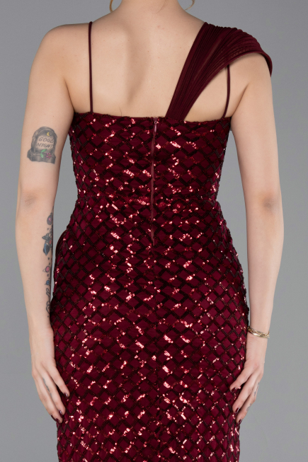 Robe de Soirée Longue Squameuse Rouge Bordeaux ABU6075
