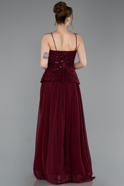 Robe de Soirée Longue Mousseline Rouge Bordeaux ABU6076