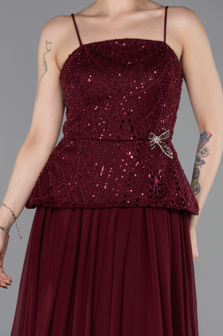Robe de Soirée Longue Mousseline Rouge Bordeaux ABU6076