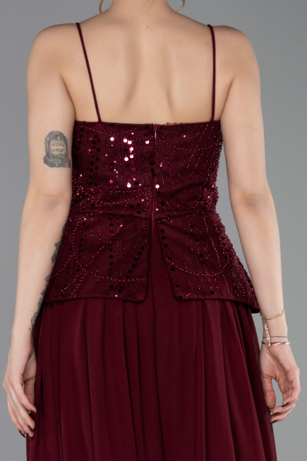 Robe de Soirée Longue Mousseline Rouge Bordeaux ABU6076