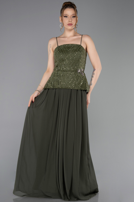Robe de Soirée Longue Mousseline Kaki ABU6076
