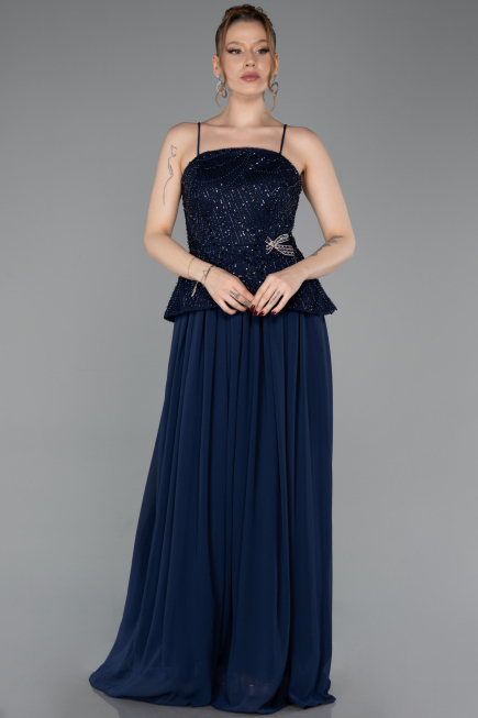 Robe de Soirée Longue Mousseline Bleu Marine ABU6076